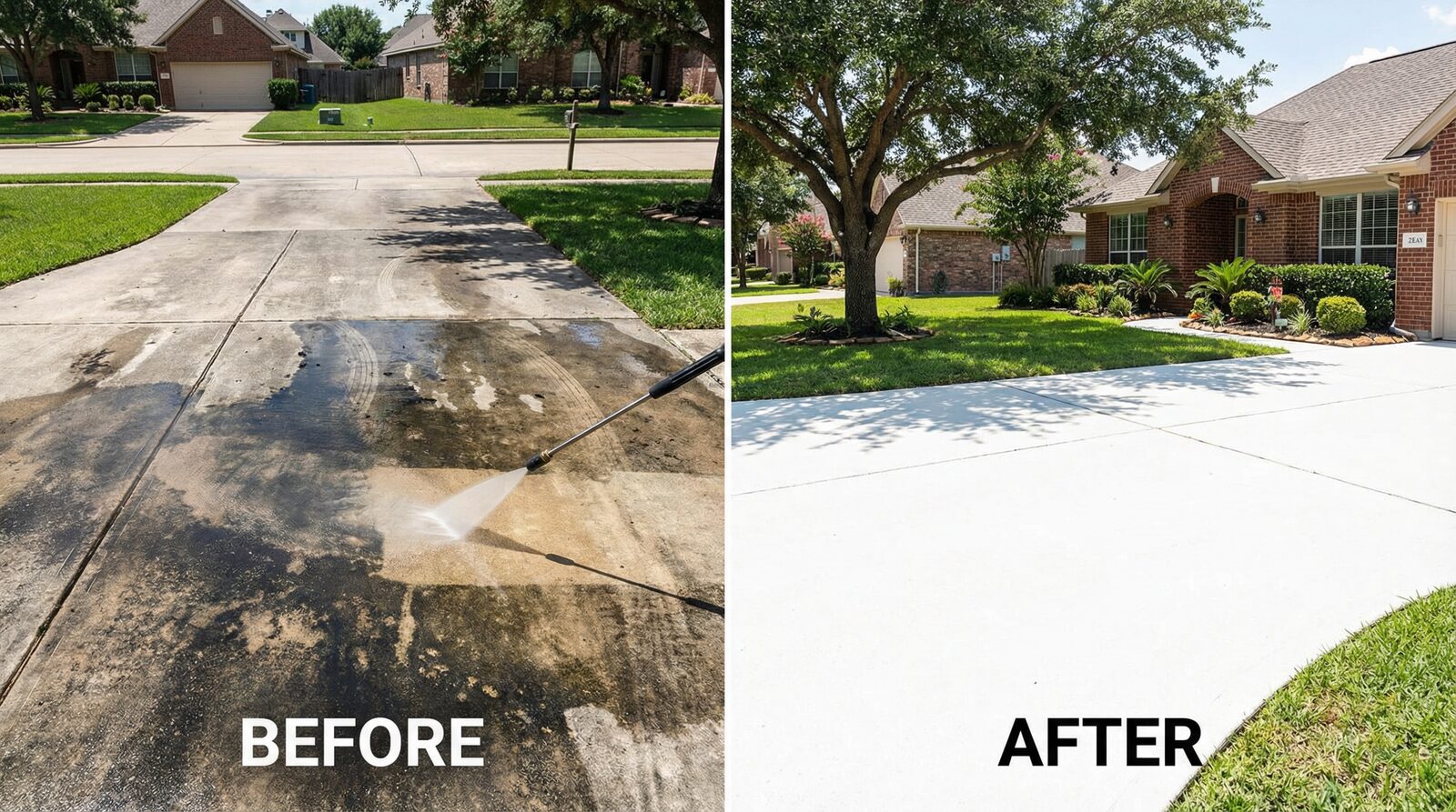 Before and after driveway pressure washing in Conroe TX