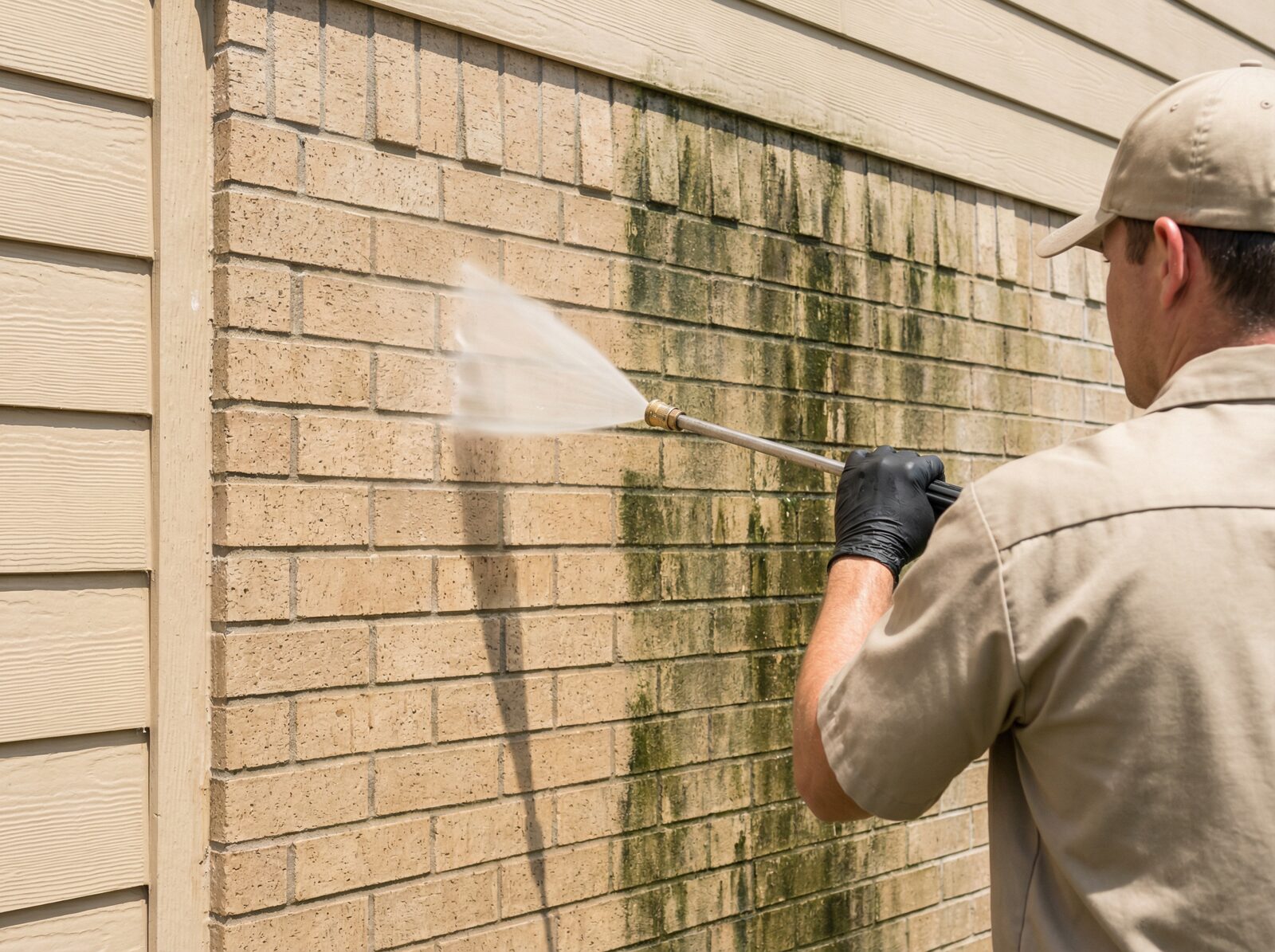 Professional house washing removing mold from brick and siding in Texas