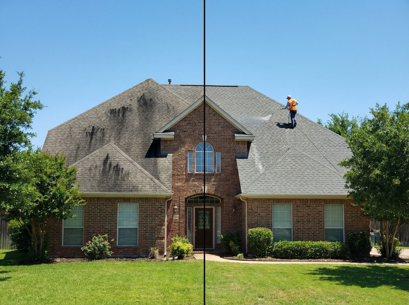 Before and after roof soft washing in Montgomery County TX